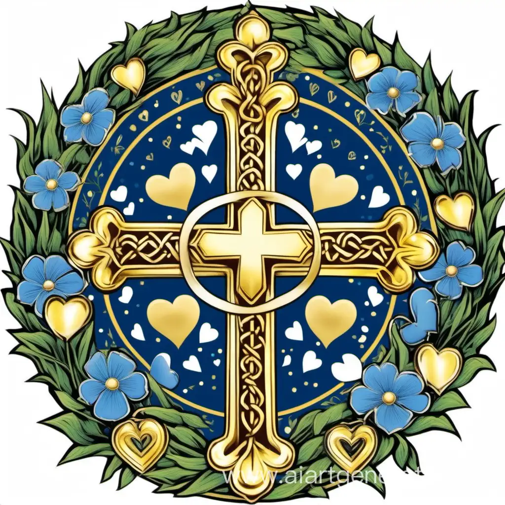 Логотип фестиваля колокольных звонов. В центре - прямой золотой крест, вокруг перпендикулярно четыре синих сердца концами к центру. Всё это заключено в окружность, окаймленую зелёными ветвями, цветами и вербой. Границы всех объектов обвиты пышной белой лентой. 