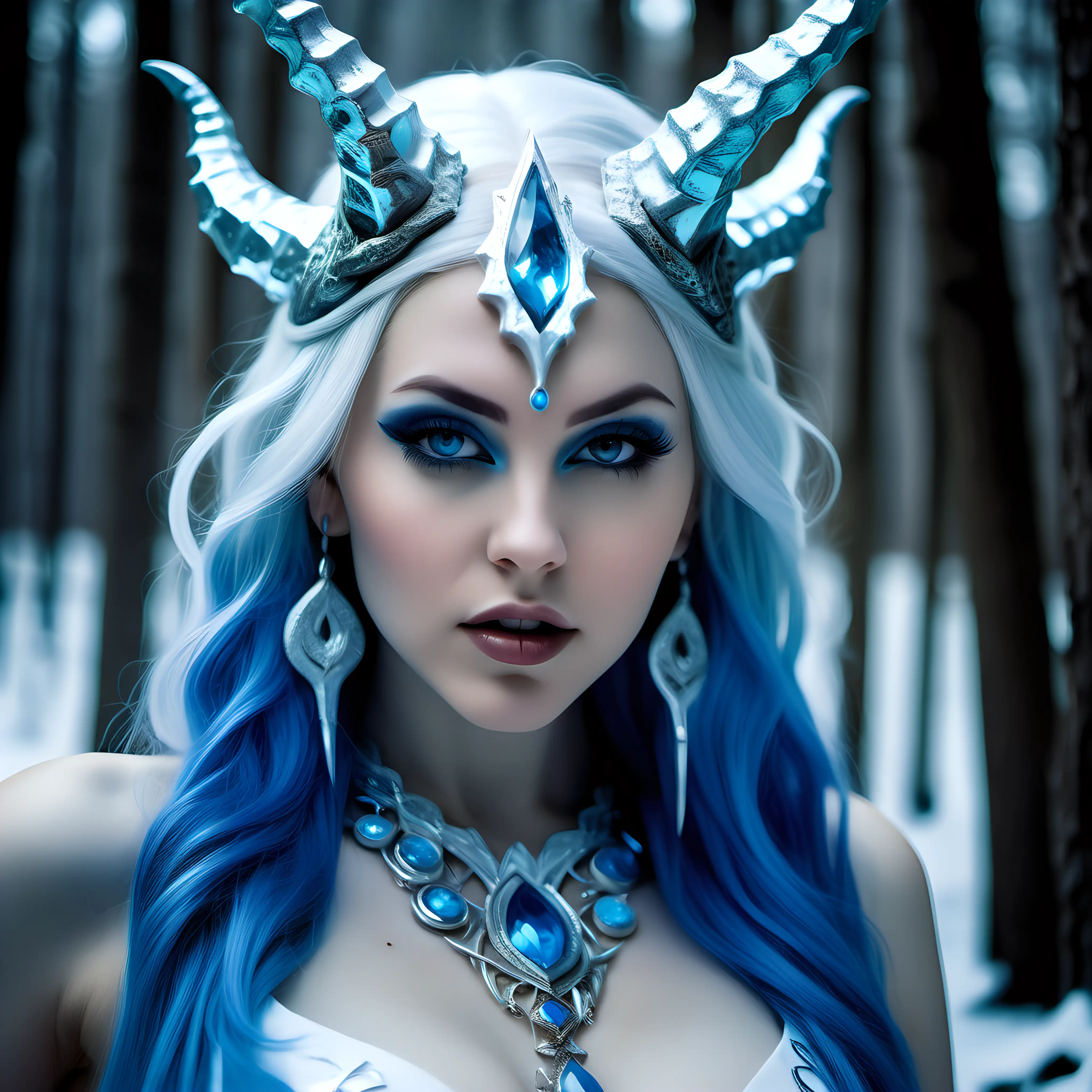 Beautiful voluptuous female ice djinn, silver horns on her head age 27 years, pale white skin, pointy ears, long blue hair, blue jeweled necklace, sensuous expression that reflects bold desire, fantasy style, closeup portrait, forest background full of ice laden trees, photography