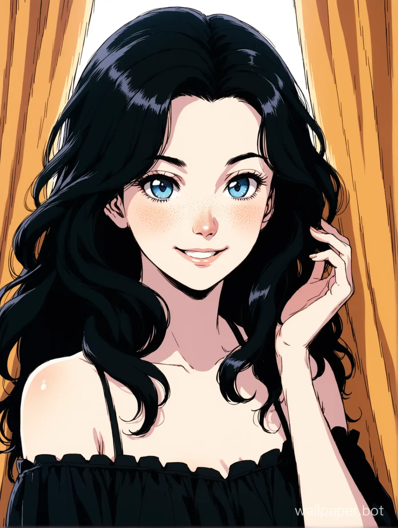 a beautiful 18 year old white woman, goth girl, she is pretty, she has blue eyes, she has pale skin, she has lots of freckles, she has long jet-black hair that is wavy and parted in the middle and falls in curtains, smiling, beaming, mature face, perfect, sense of wonder, retro 1980s anime