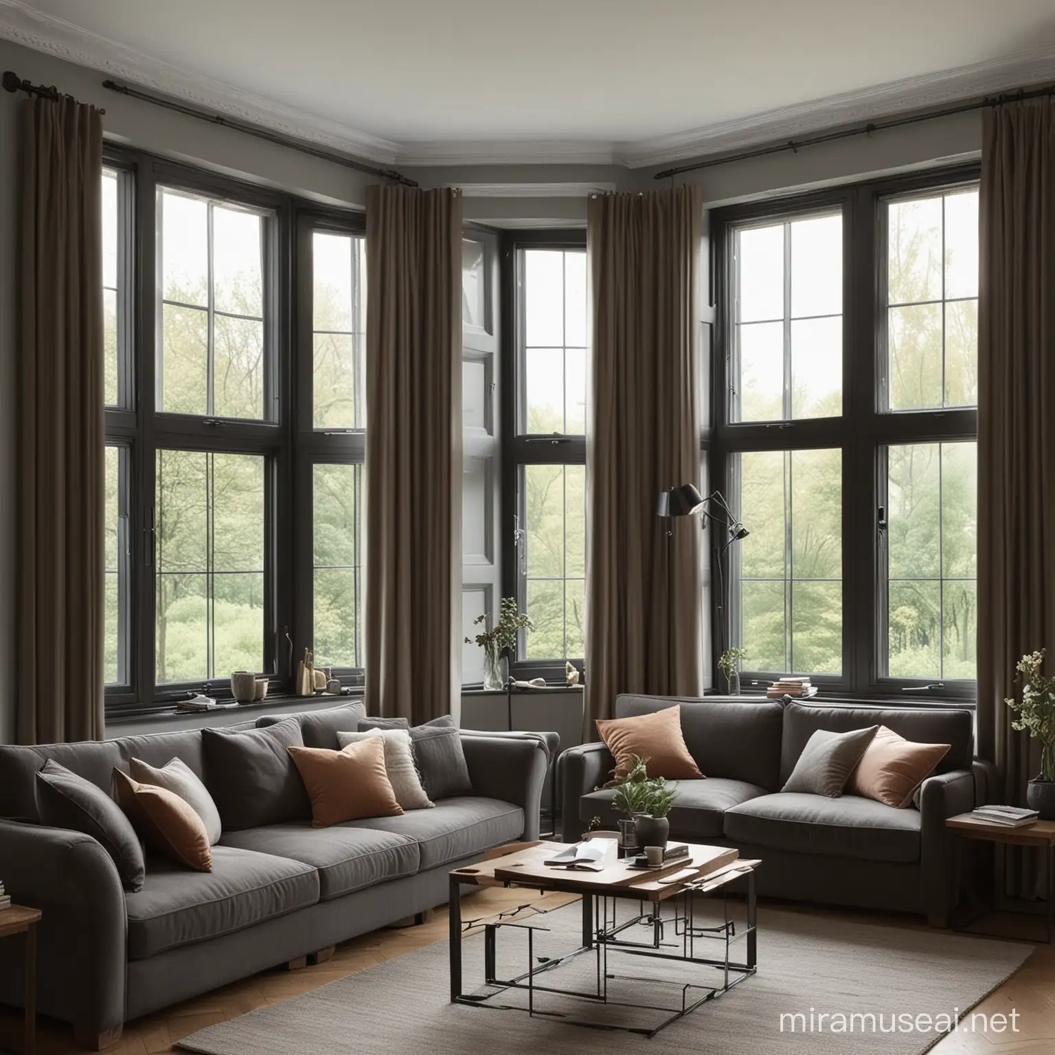 create a  full image of living room with small windows which have handles which have dark color