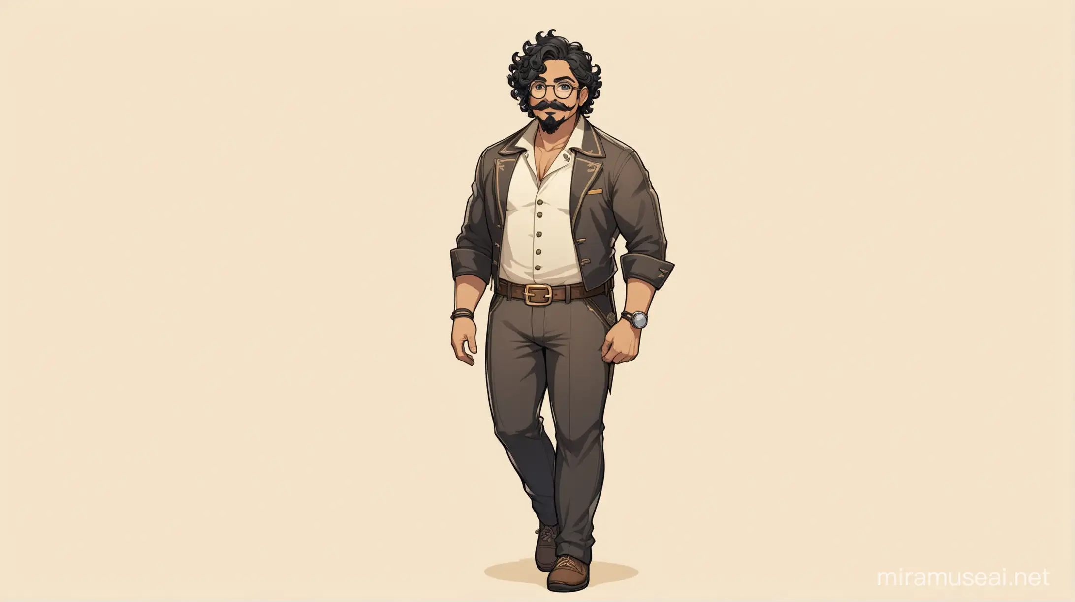 Full body curly black haired latino man, with round glasses a parted mustache and goatee in the style of genshin impact