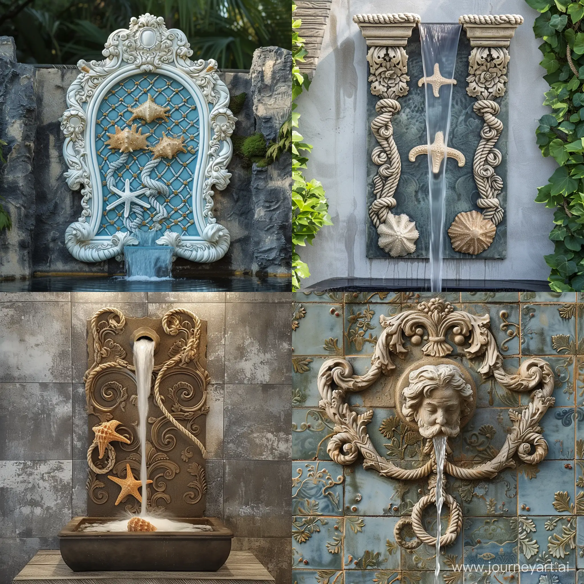 Intricate-Baroque-Patterned-Wall-Fountain-with-Rope-Accents-in-a-SeaThemed-Setting