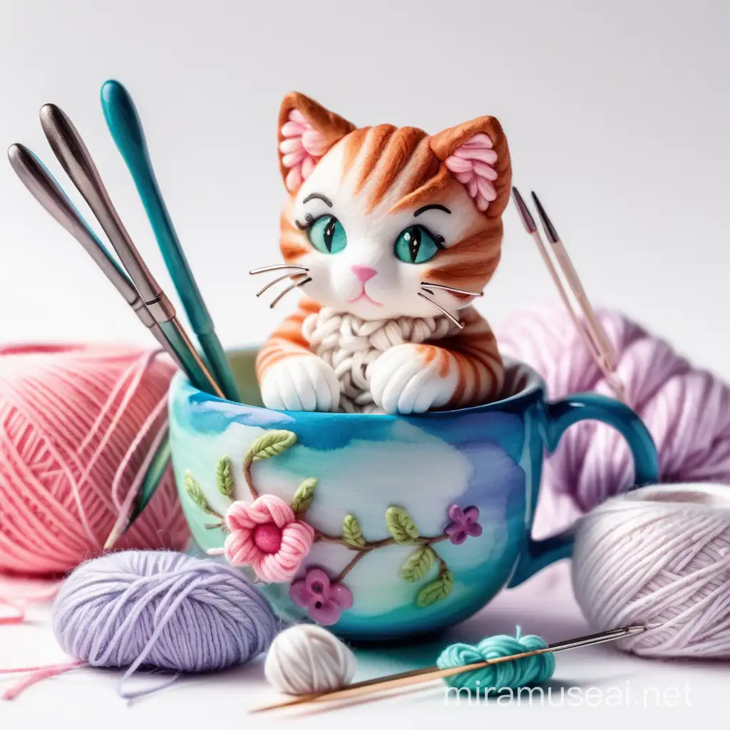 Crafting Kittens Playful Feline with Yarn and Knitting Tools