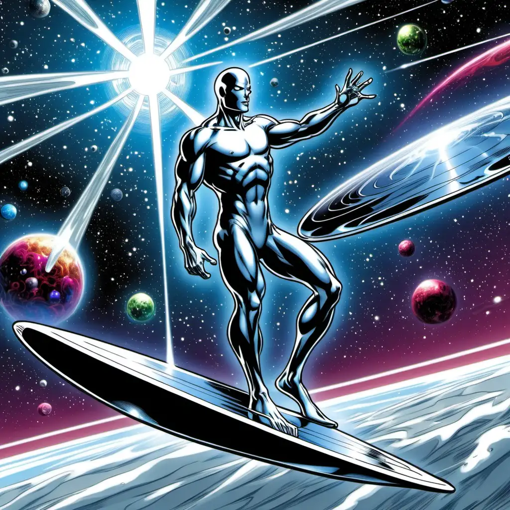the awesome universe in the background. silver surfer

