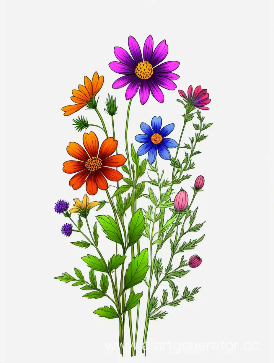 a colorful wildflower lines art, simple, herb, Unique floral, botanical ,grow in cluster, 4K, high quality, white background, 