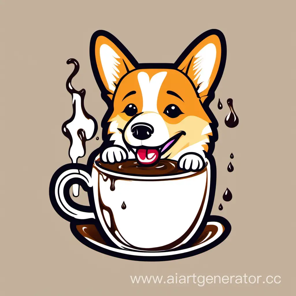 логотип, корги, пьет из чашки, logo, corgi, drinks from a cup, drip, coffee, With wild eyes, draw