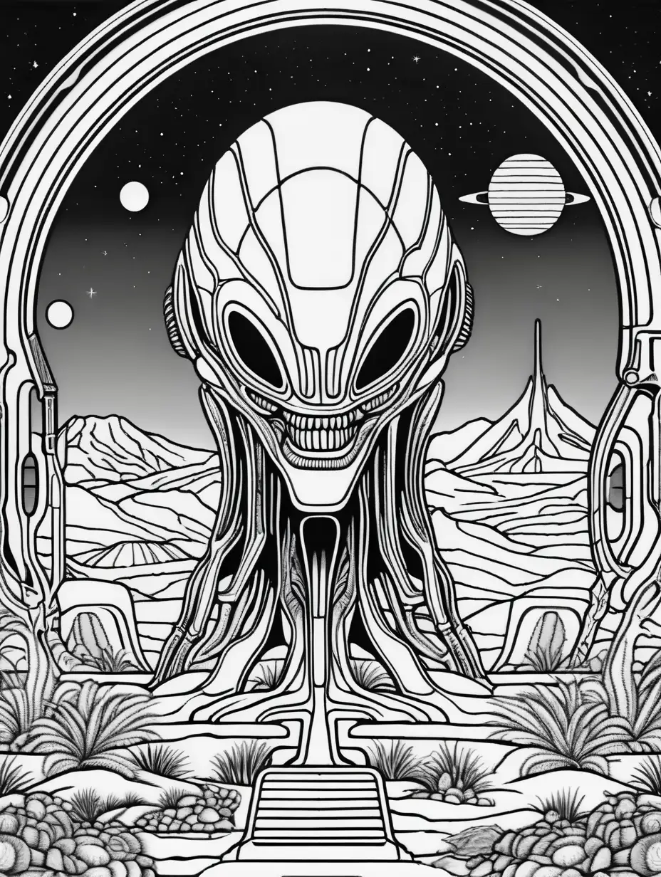 Adult coloring book, vaporwave, retrowave style , SCIFI DESERT, GIGER STYLE, ALIEN SPACE Black and white, no shading, no color, thick black outline,