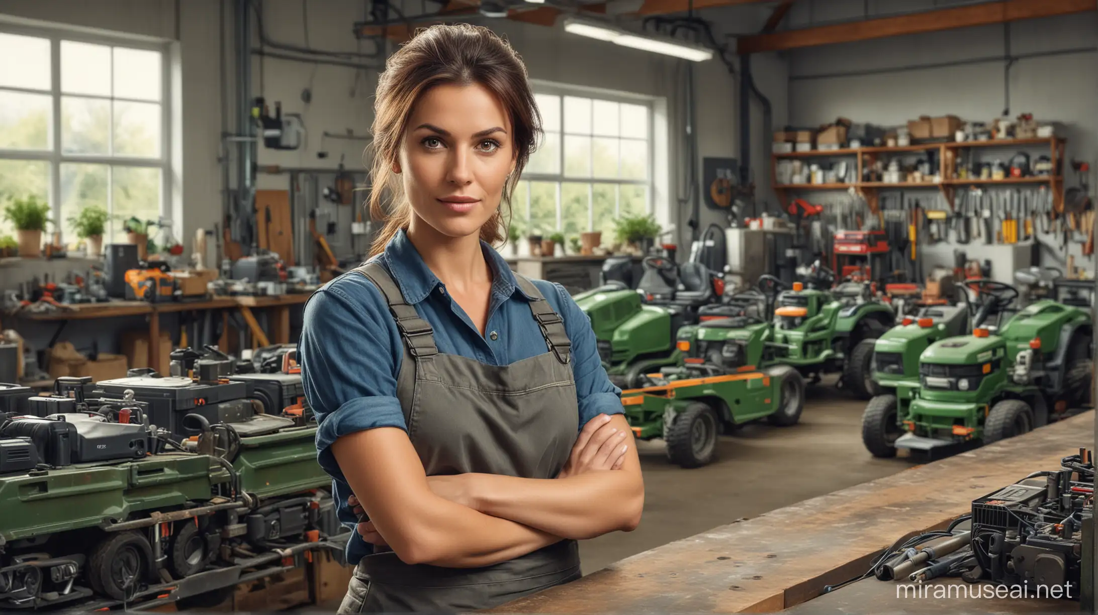 Describe a 35-year old handsome woman behind a counter of an organised industrial workshop, surrounded by lawn mowers and garden equipment, digital art