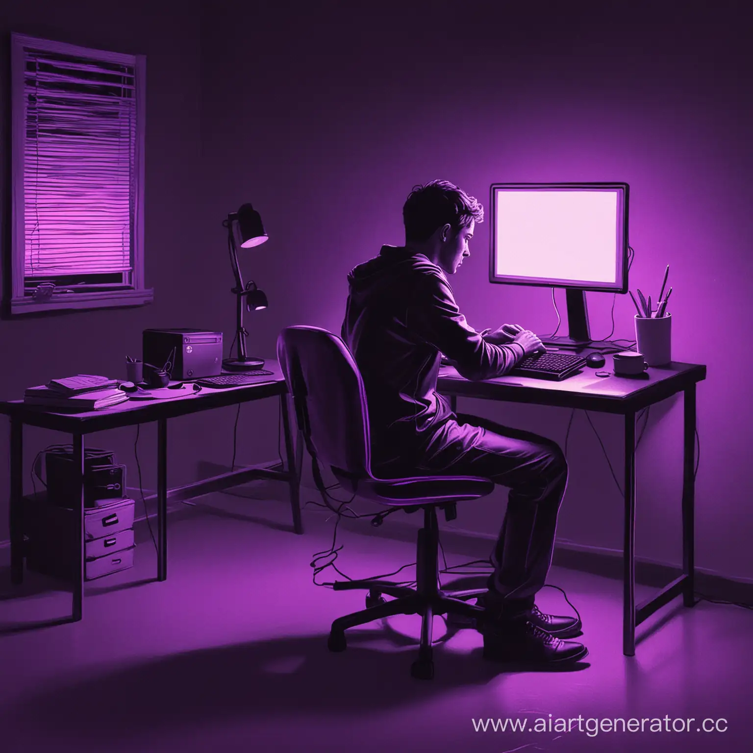 Нарисуй человека, сидящего за компьютером, который делает сайты ночью, и цвет его должен быть черный с неоновыми фиолетовыми лампами. 
