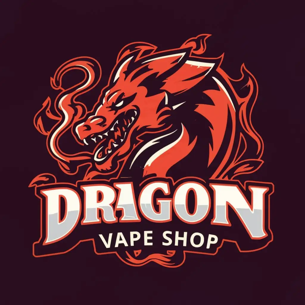 a logo design,with the text "dragon vape shop", main symbol:dragon and vape with large smoke at the back red smoke,Moderate,clear background