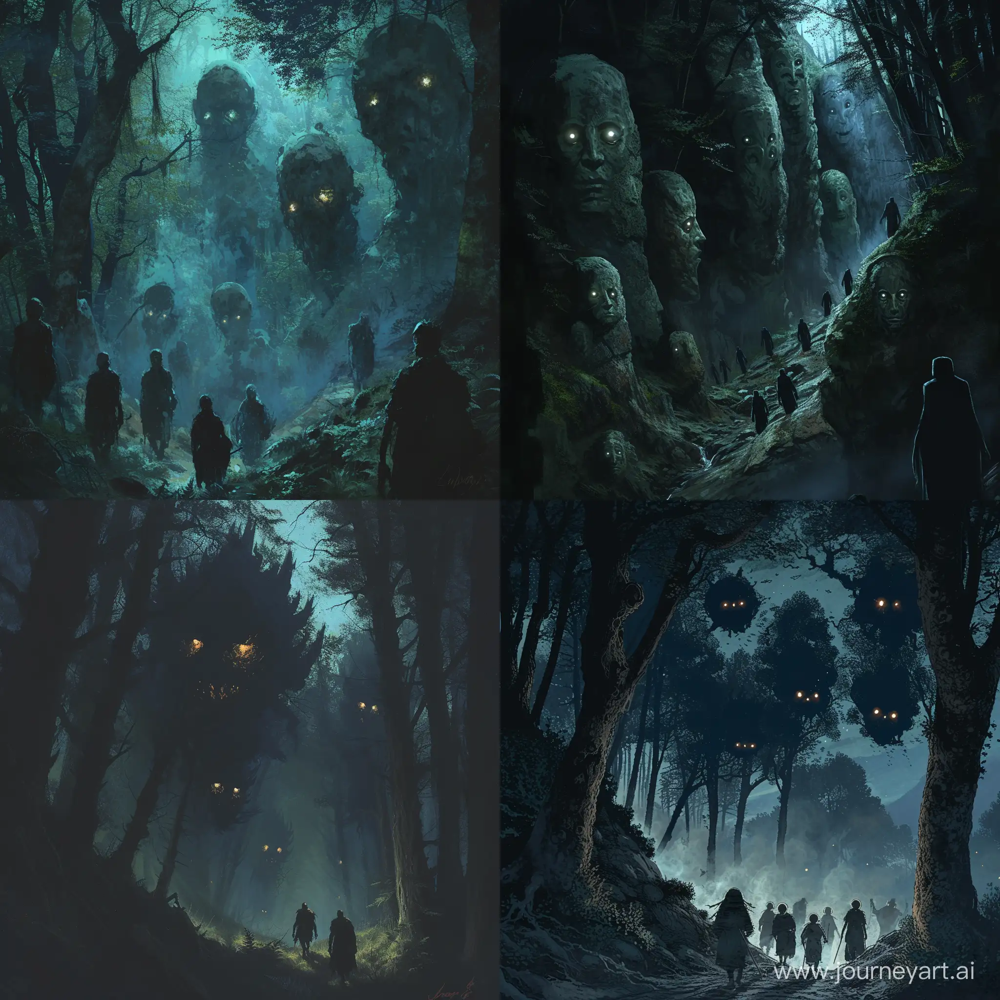 The Encroaching Darkness: As night falls, the forest comes alive with malevolent whispers, and shadowy figures begin to converge upon the unsuspecting travelers. Among them are demons with heads as large as boulders, their glowing eyes fixated on the interlopers who dare to trespass upon their domain.