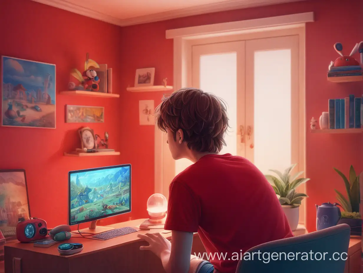 человек в красной футболке смотрит в экран в уютной комнате 