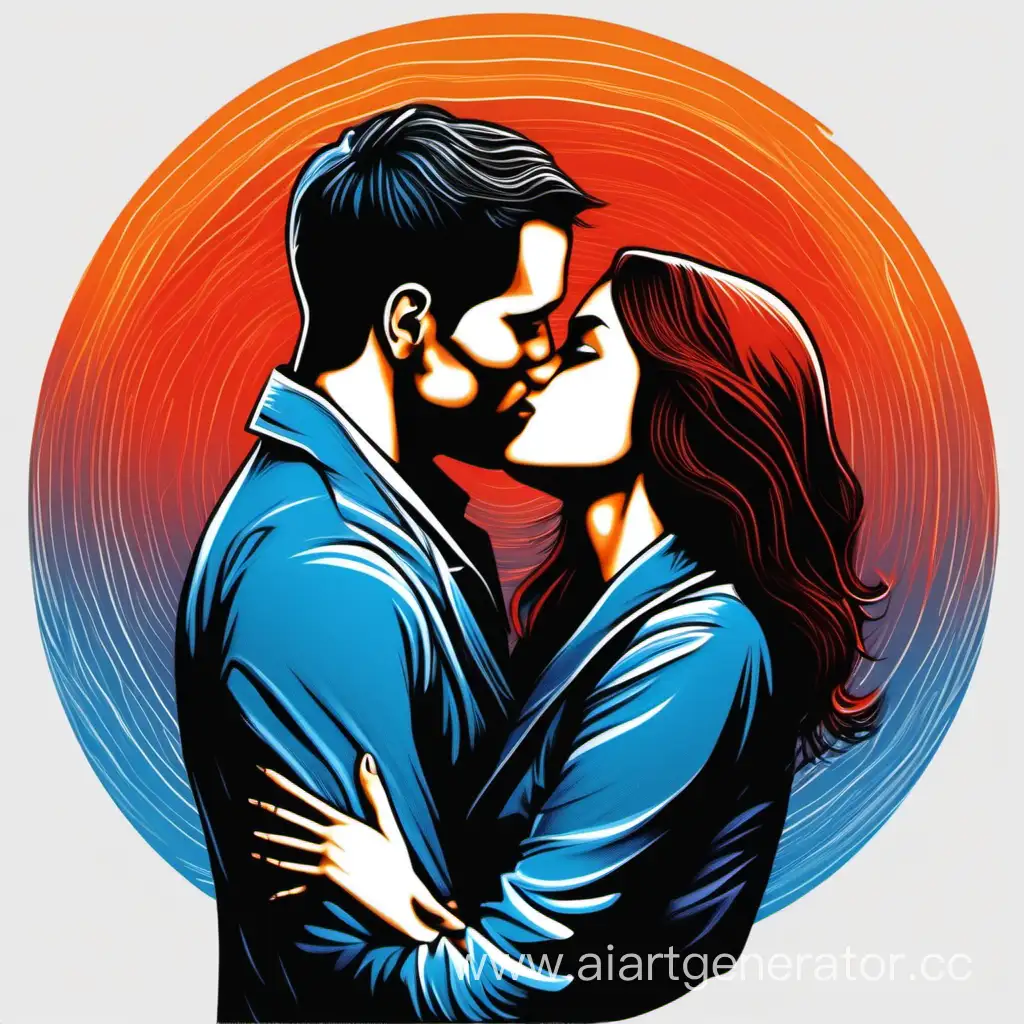 man and woman kiss, use blue, red, orange, yellow, black and brown colors