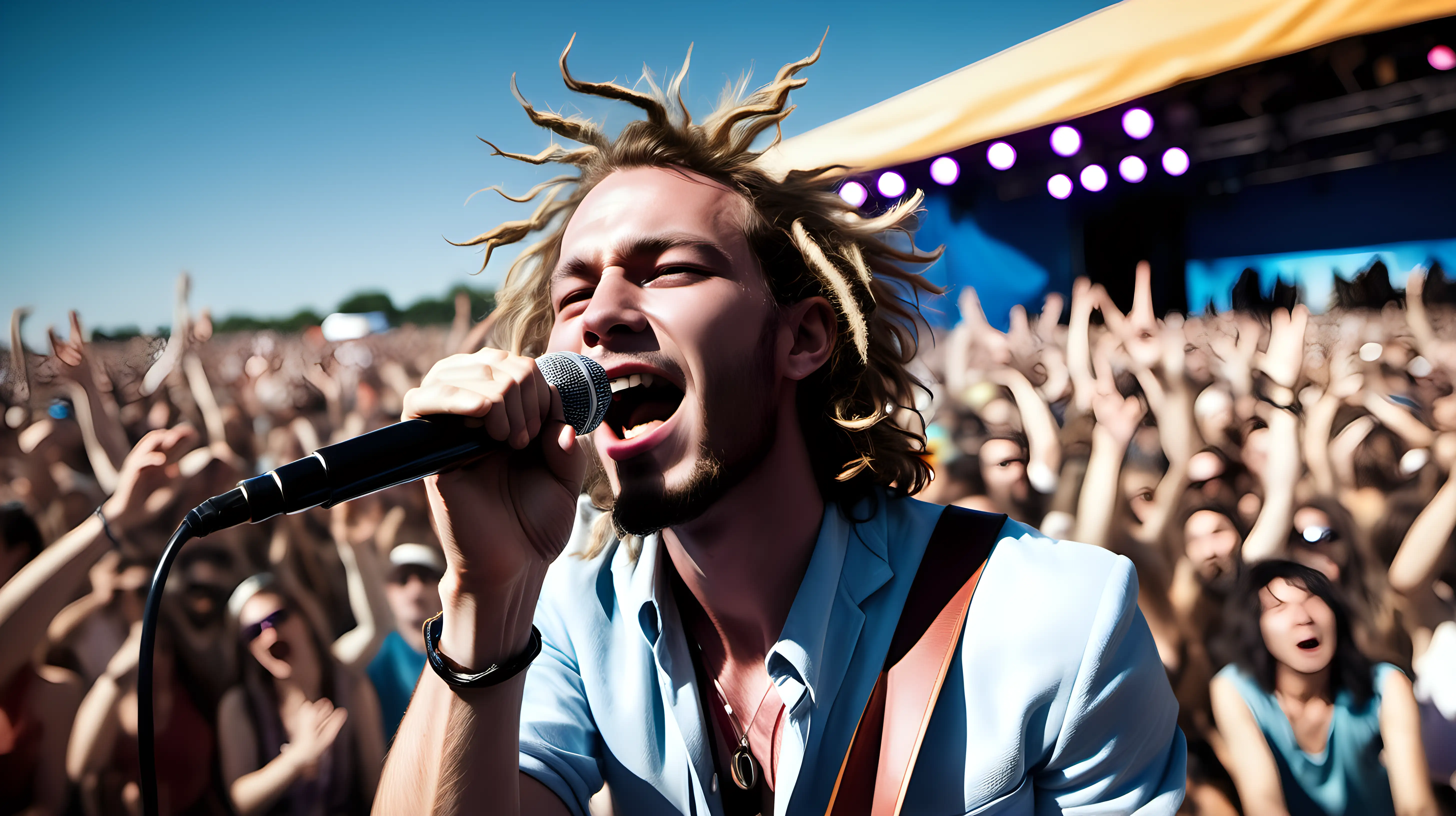 /imagine prompt: A dynamic close-up of a charismatic lead singer, similar in style to Judah of Judah and the Lion, energetically performing at a daytime open-air festival, with a blurred crowd in the background under a clear blue sky. Created Using: Expressive facial features, mid-action pose, casual bohemian festival attire, depth of field effect, sunlit stage, audience in daytime festival attire, spontaneous and lively atmosphere --ar 3:4 --v 6.0