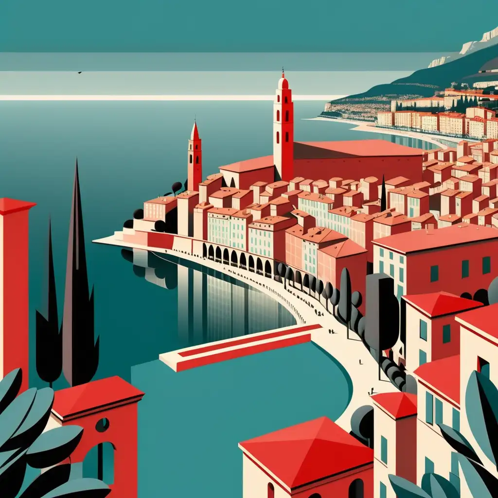 Cubist Cityscape of Menton with Dark Turquoise and Light Red Elements