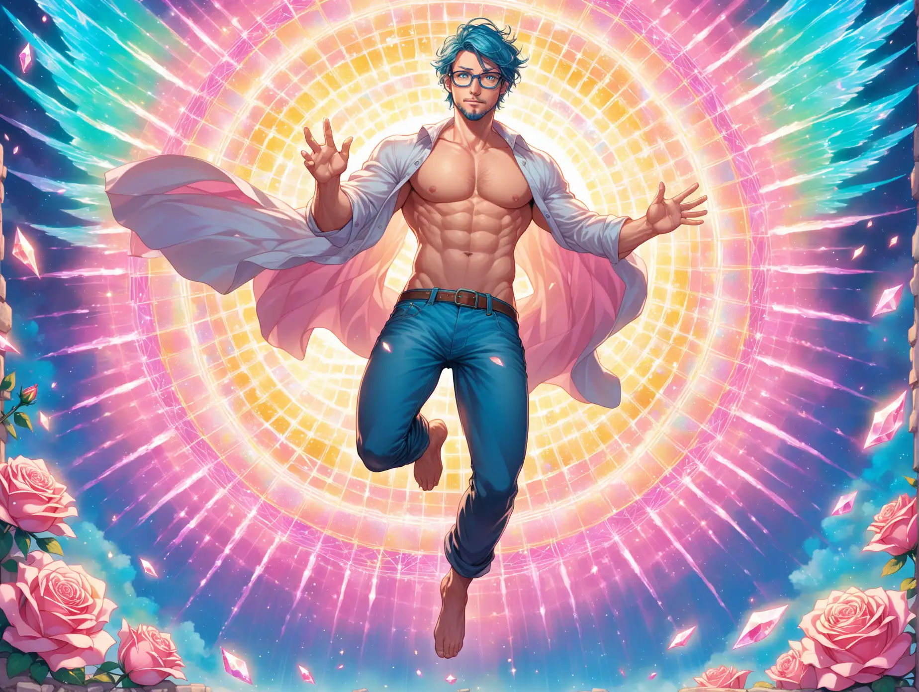 In a breathtaking display of power and transformation, a 30 something shirtless hunk with glasses and mesmerizing aquamarine eyes and short navy blue hair leaps into the air. His rugged 5 o'clock shadow adds to his rugged charm as he defies gravity, suspended in mid-air. Clad only in casual jeans, his open pink shirt hangs in tatters, fluttering around him like a banner in the wind. As he ascends, a brilliant aquamarine aura radiates from the circular energy crystal embedded in the center of his chest. The crystal pulses with energy, casting a dazzling glow that illuminates the surrounding rose garden.