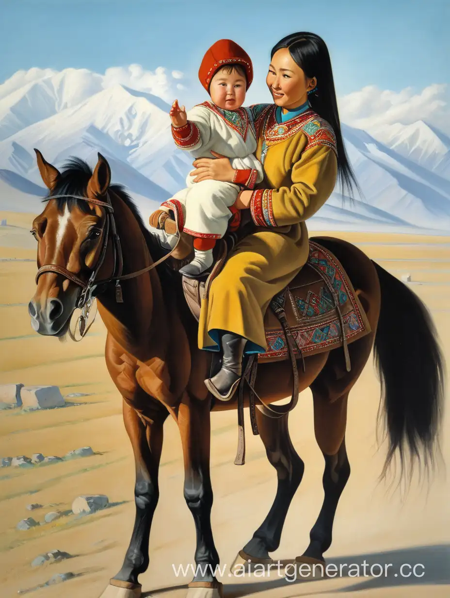 казашка с маленьким ребенком на коне 