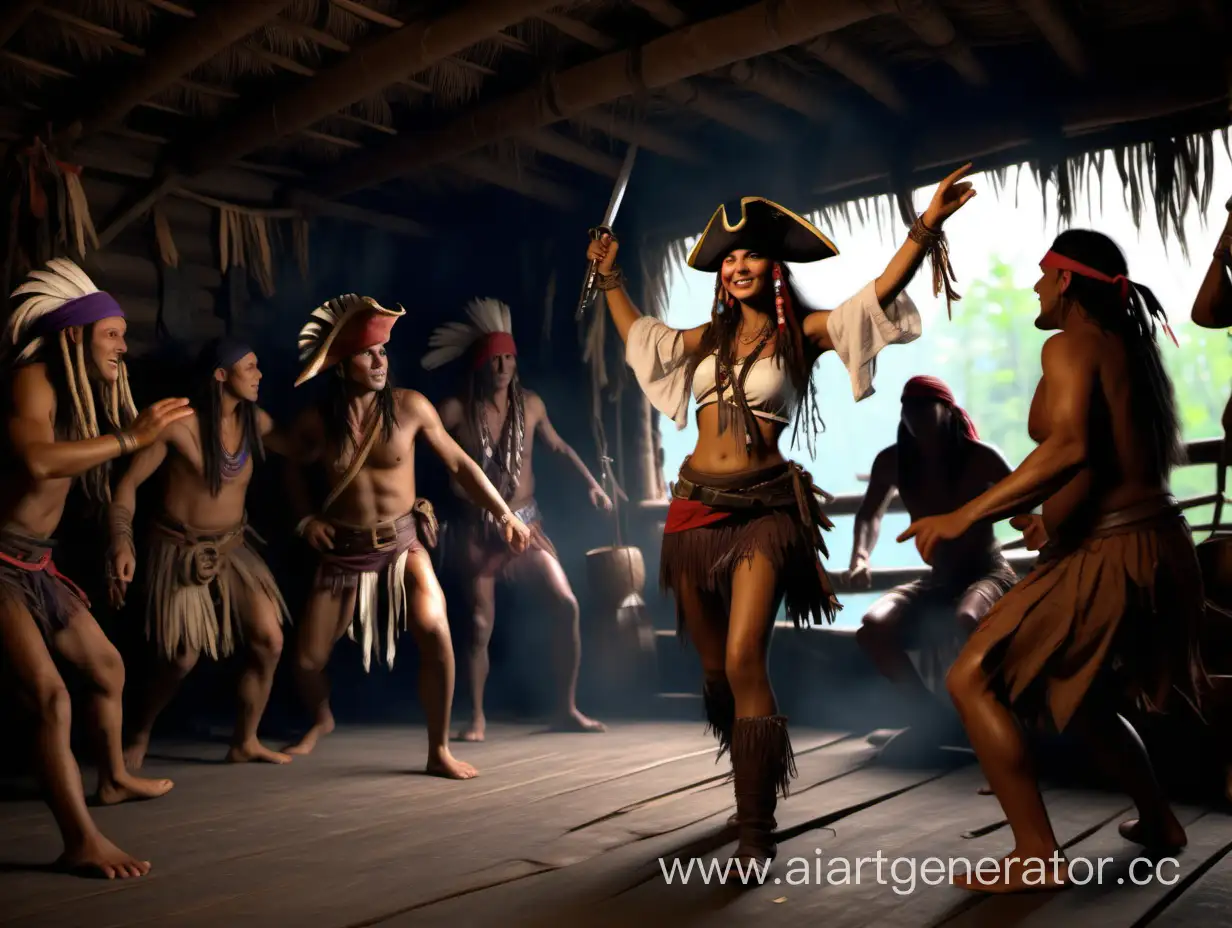 Pirate girl dancing with Iroquois Indians in a hut, 4K, realistic, photographic quality