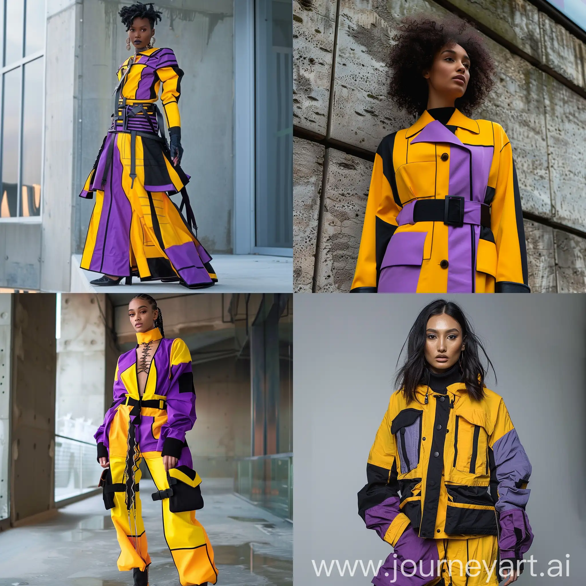 Одежда в стиле модерн в желто пурпурных и чёрных тонах для женщины 