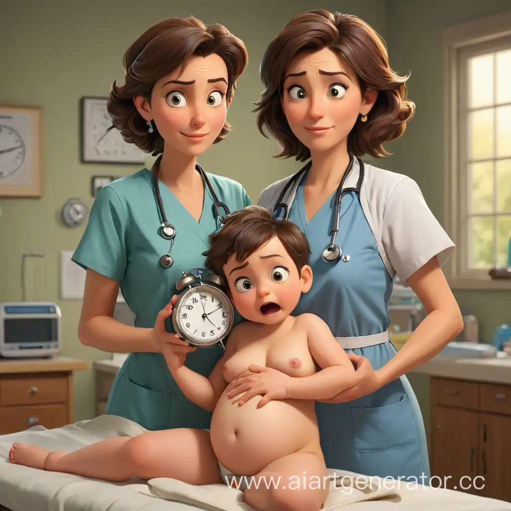 Cartoon-Woman-Giving-Birth-with-Doctor-Holding-a-Clock