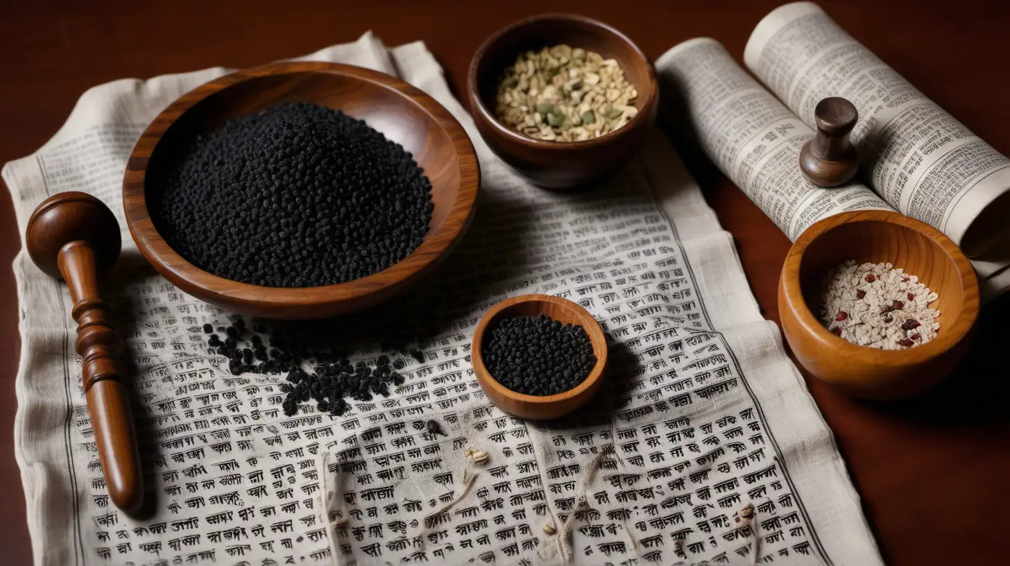 handful of beej band, the medicinal small black round seeds kept on a thick rag textured cloth along with a wooden bowl with powdered safes muesli with a wooden pestle and mortar next to it and some old Vedic scriptures with Sanskrit text about Ayurveda, all in a Ayurvedic campaign setup