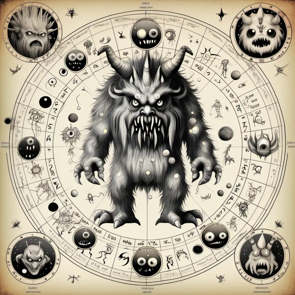 monsters astrology on white paper and  add little color