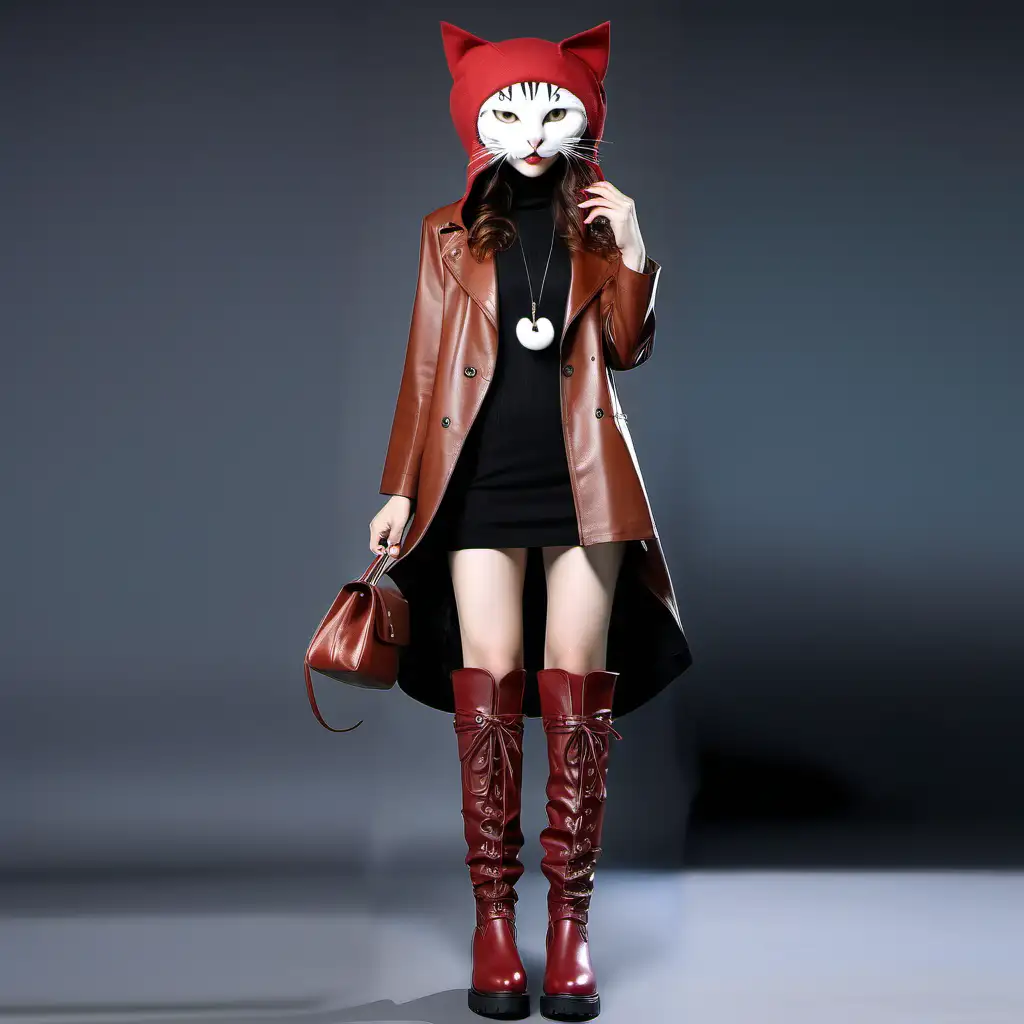 Retro Sassy Cat in Stylish Long Neck Big Head Hat and High Leather Boots