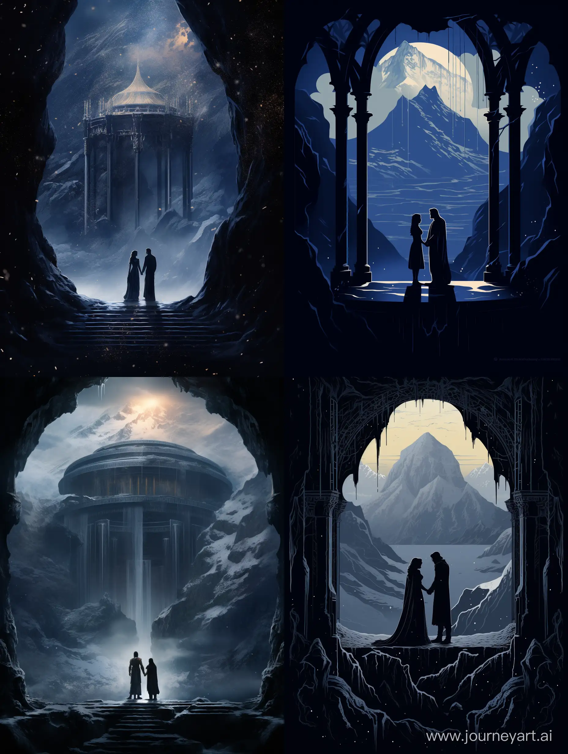 A small temple with columns and a dome stands on top of a mountain in the middle of icy mountains. Inside the temple there are a woman and a man in robes stand close to each other. The tones are are darkish and cold