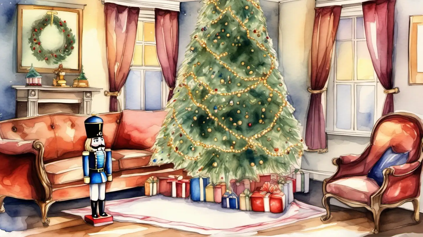 little Nutcracker near christmas tree in a  Victorian style living room Christmas Eve with watercolor childhood style drawing full picture evening nutcracker story

