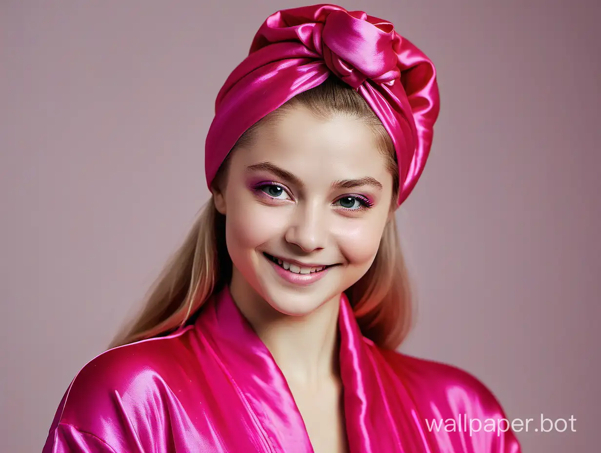 Yulia Lipnitskaya with long straight silky hair Smiling in Pink Fuchsia Silk Robe with Pink Silk TowelTurban