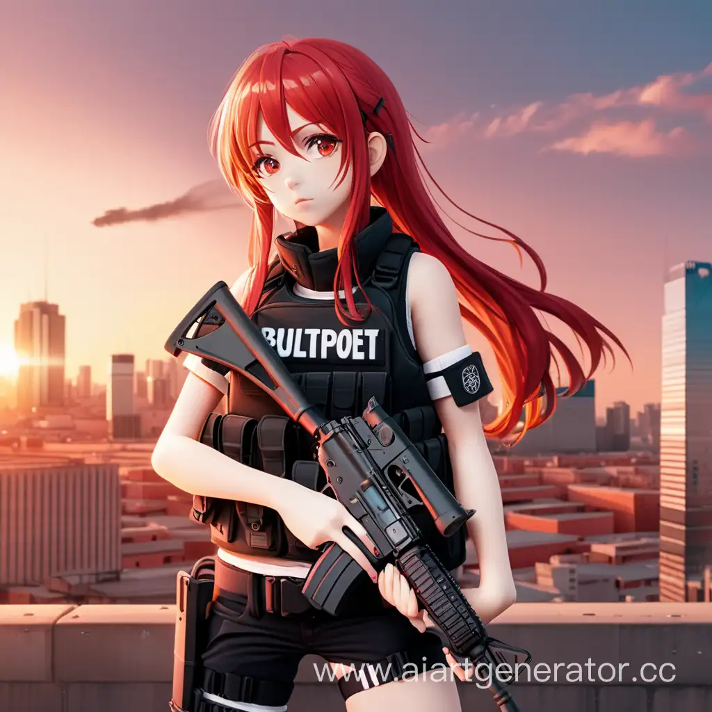 Anime girl in a bulletproof vest with a rifle and red hair, red city background, sunset