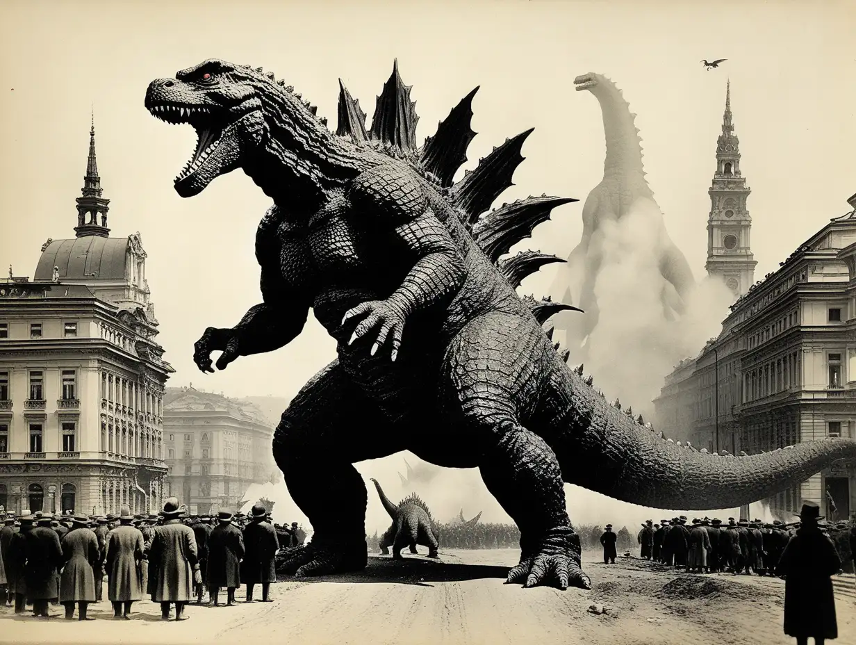 Godzilla fighting  dinosaurs in 1920's Vienna 