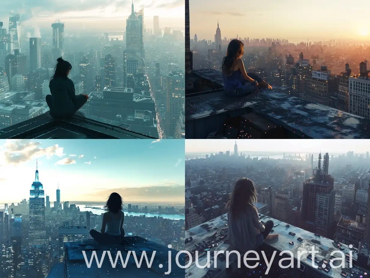 a woman sitting on a rooftop, profile picture, wallpaper, swarovs, futuristic, futuristic city, visuals, dystopian, wide view, new york
