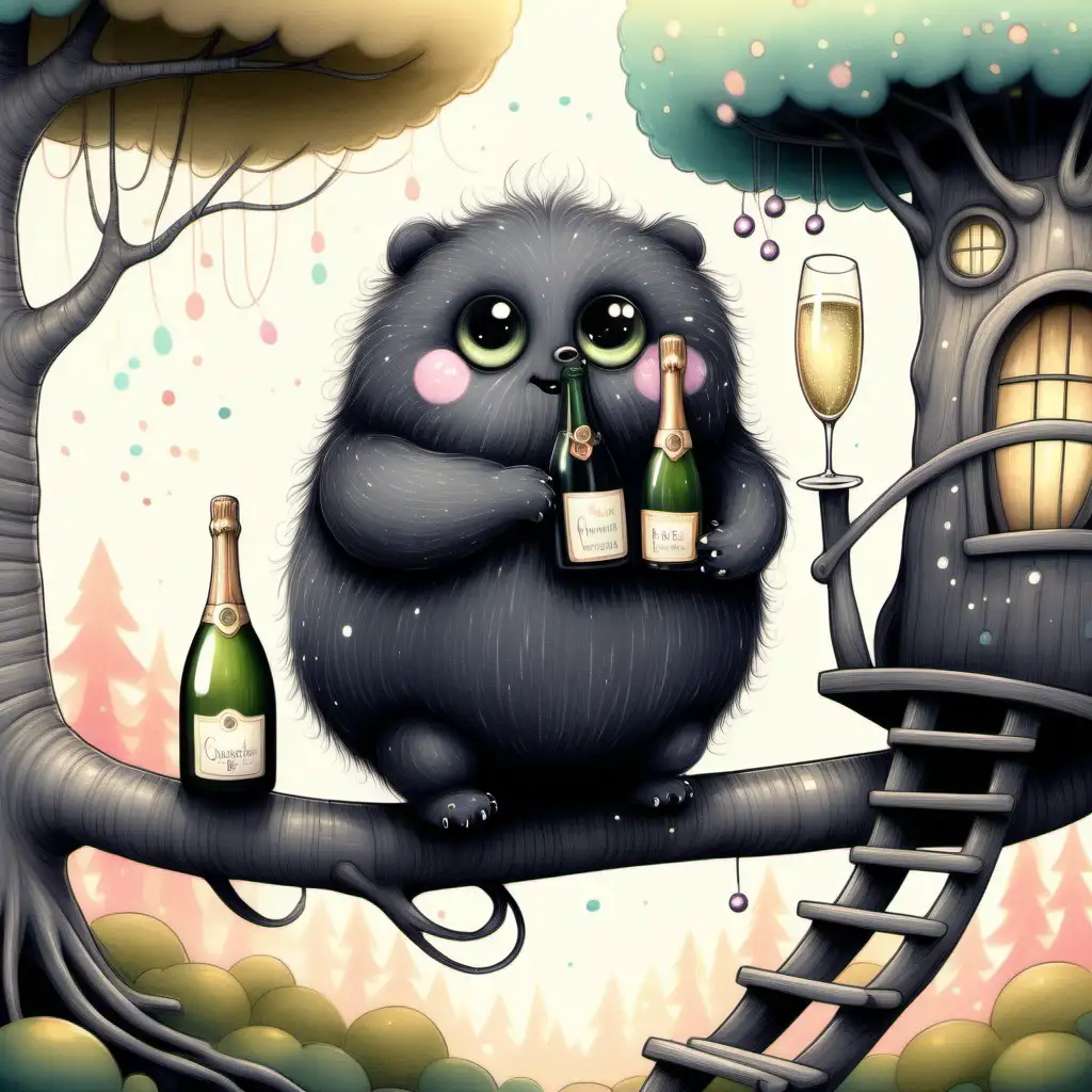 Adorable Fat Black Fluffy Creature Celebrating with Champagne at Treehouse