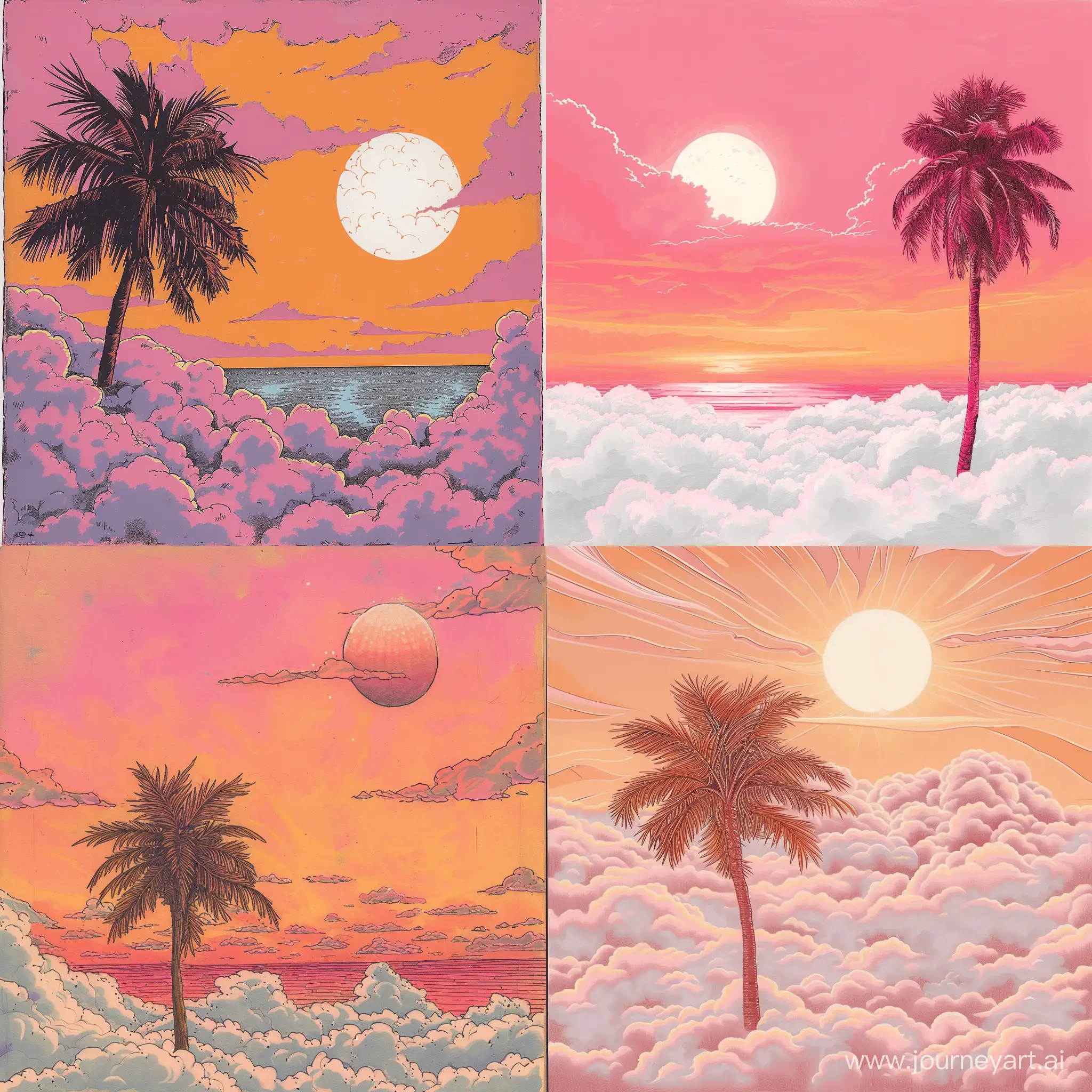 рисунок, розовый закат, пальма в облаках