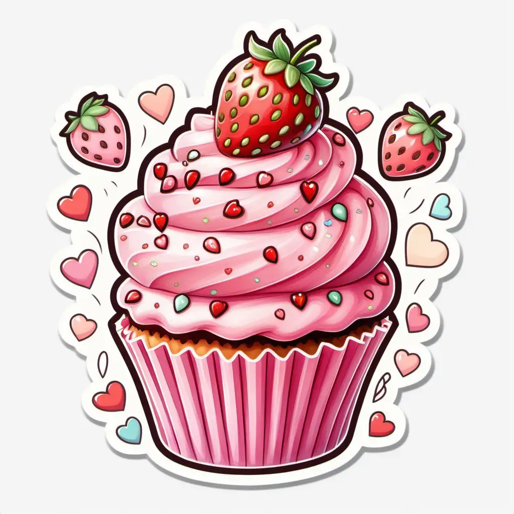 fairytale,whimsical,cartoon, big valentine strawberry cupcake,with cute decorations,
pastel, white background, sticker image
