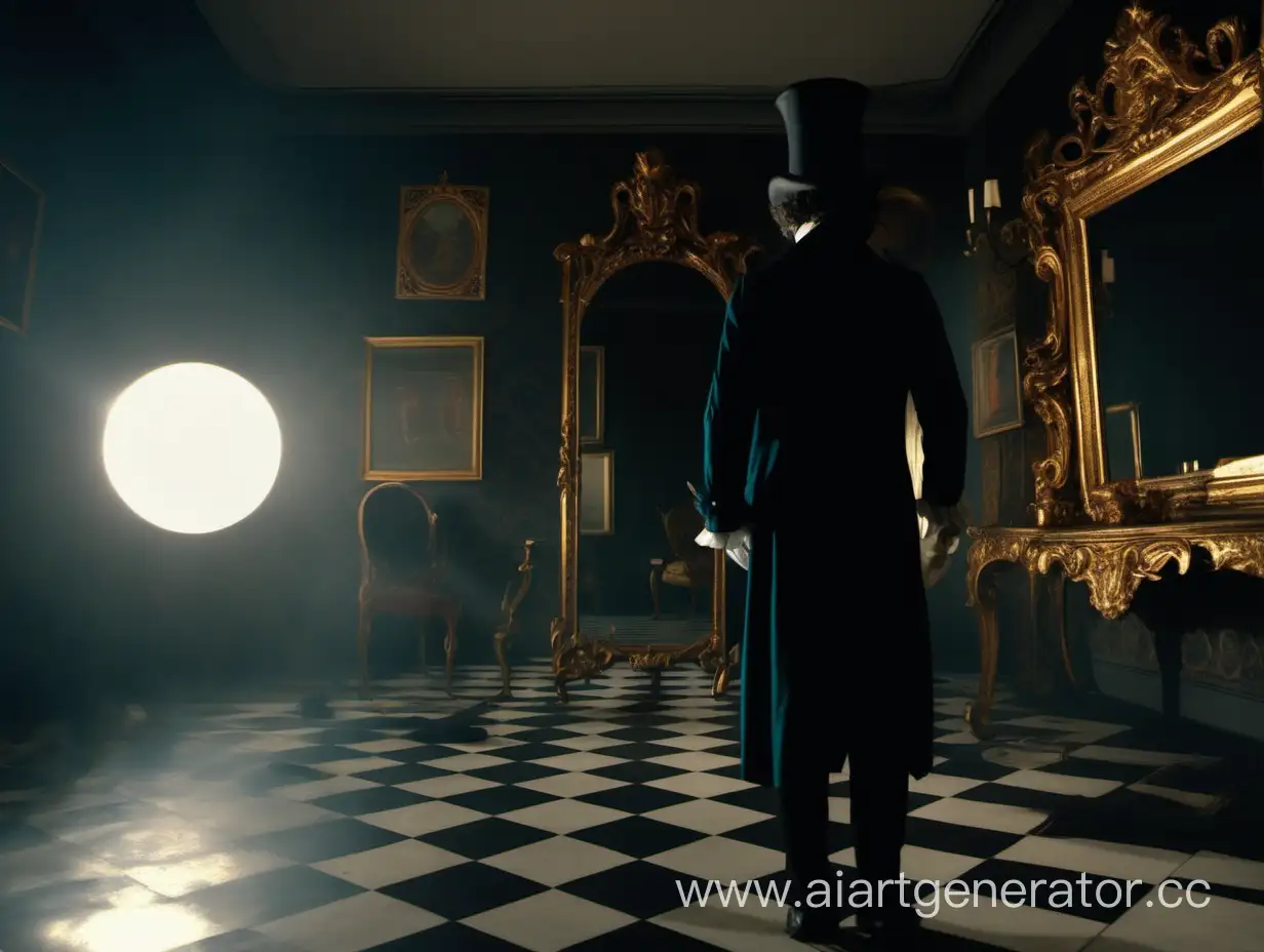 человек в костюме 18 века в цилиндре входит в зеркало, темная комната, шахматный пол, луна и солнце, 8k