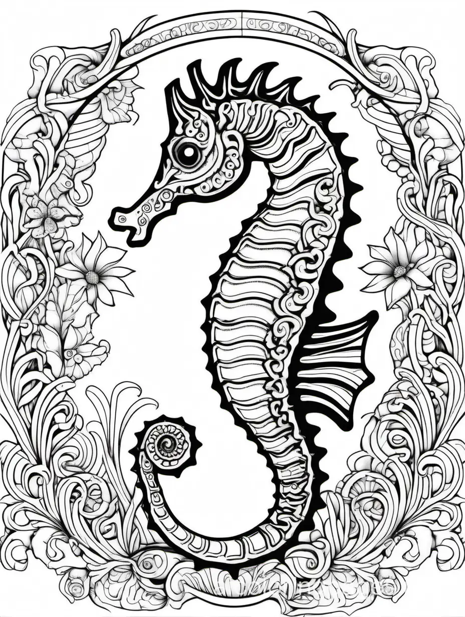 seahorse, elaborate, highly detailed, Coloring Page, black and white, line art, white background, Ample White Space. The outlines of all the subjects are easy to distinguish, making it simple for adults to color without too much difficulty., Coloring Page, black and white, line art, white background, Simplicity, Ample White Space. The background of the coloring page is plain white to make it easy for young children to color within the lines. The outlines of all the subjects are easy to distinguish, making it simple for kids to color without too much difficulty