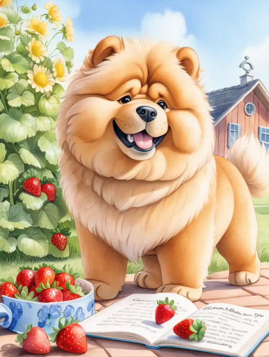 Pixar style, chow-chow dog eating strawberries from a garden on a sunny spring day, child's book, water color, 8k, high dof, ar--85:110
