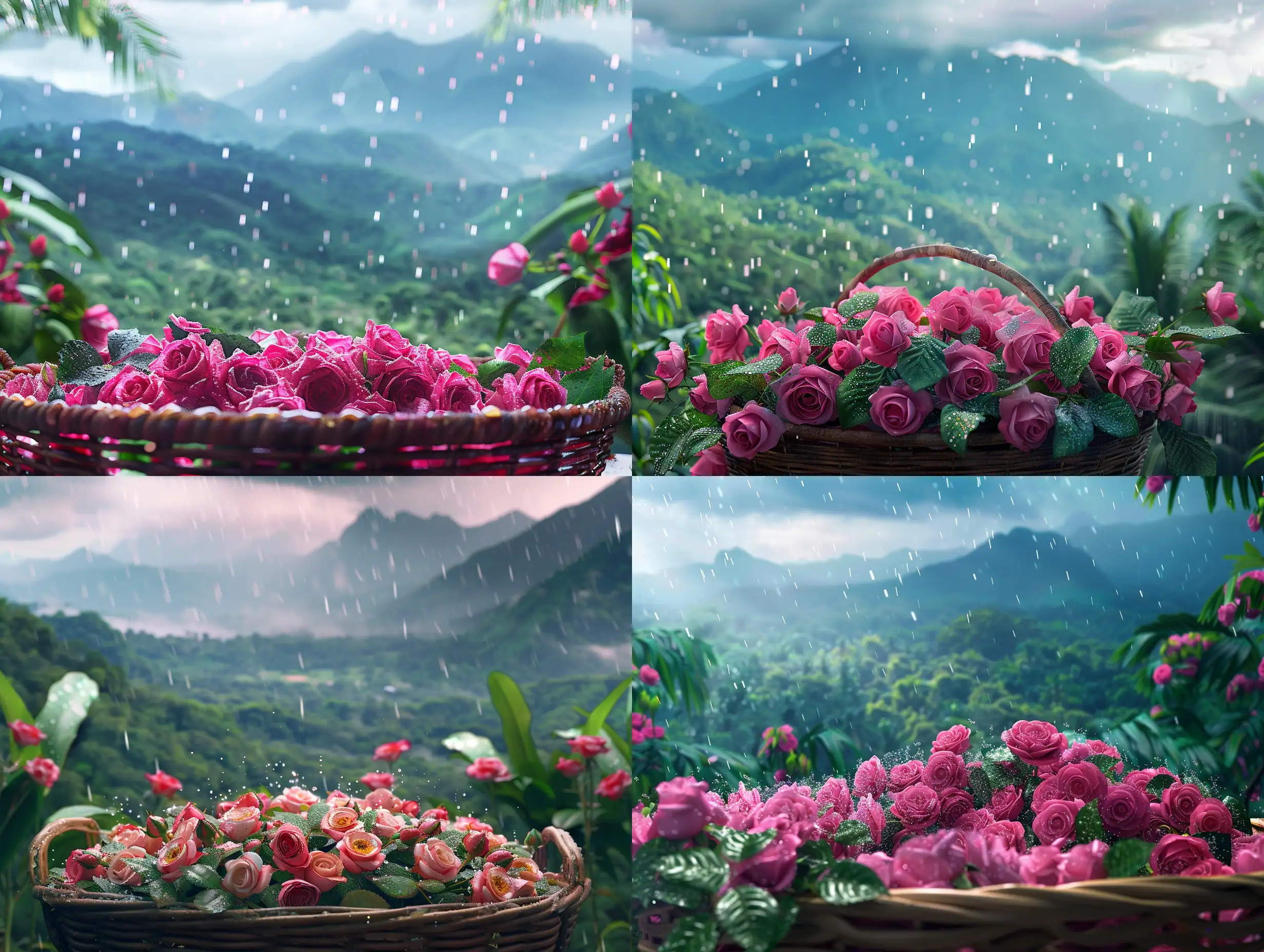  In a basket full of Rosa Damascena Mill roses and a view of the mountains in the back with raindrops in a wonderful and realistic view., Landscape, Realism, Cinema 4D, Overhead perspective, Vibrant Colors, Jungle, Rangefinder Camera, Cinematic Lighting, Love‎,