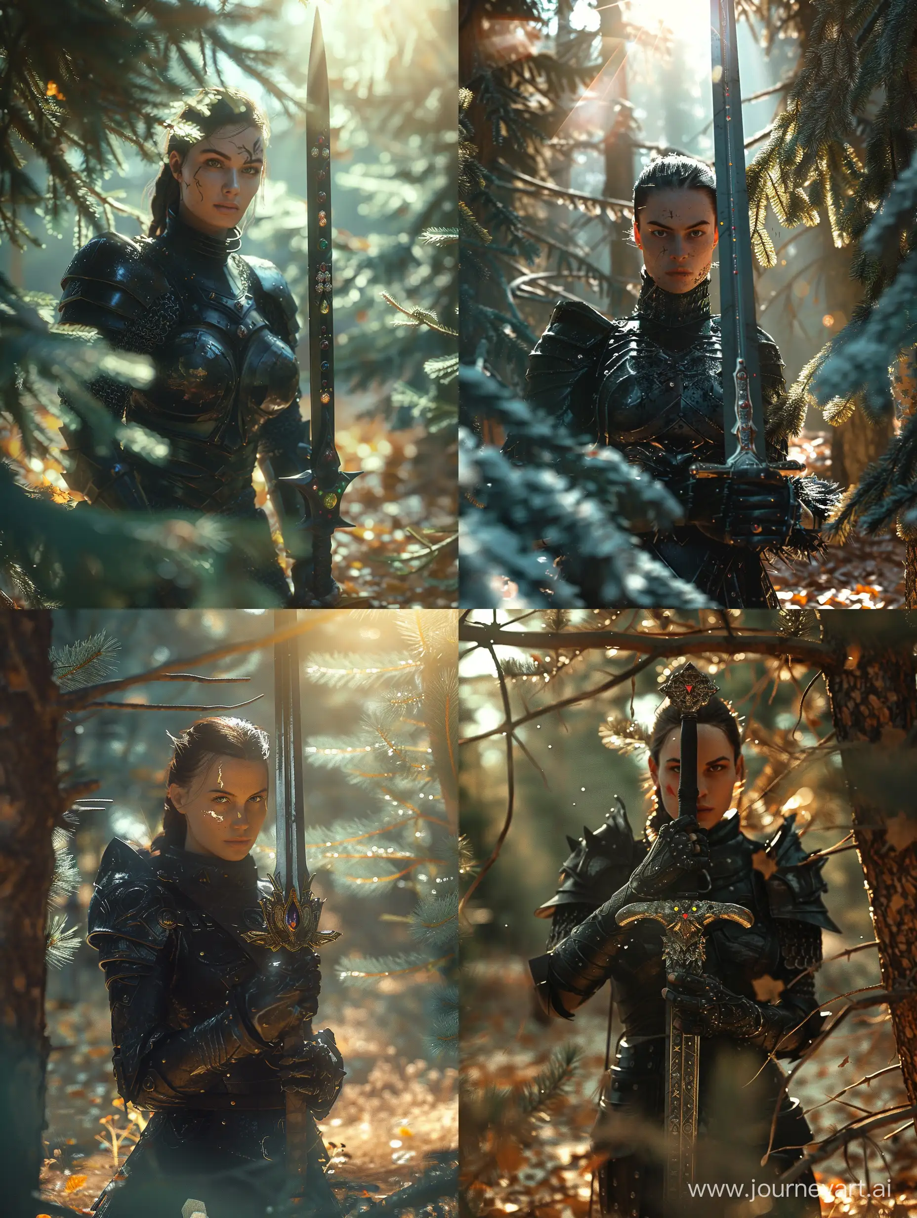 Determined-Female-Warrior-in-Black-Armor-with-Holy-Sword-in-Pine-Forest