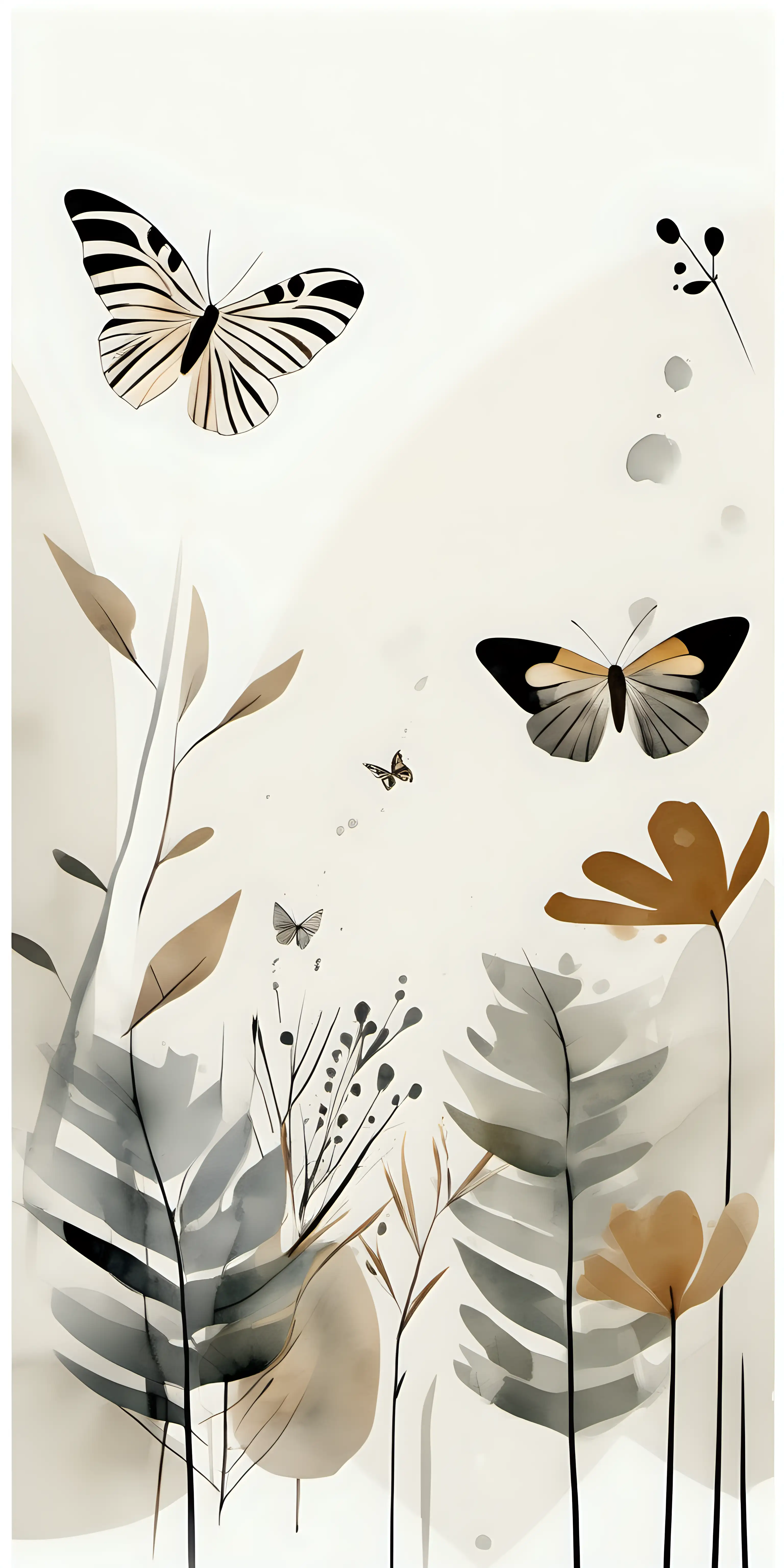 Minimalist Japandi art piece, embodying a harmonious blend of Japanese and Scandinavian aesthetics featuring butterflies, surrounded by various plant motifs including wildflowers. Visible brush strokes, neutral shapes on white background. Emphasize thick, deliberate lines for a minimalistic and clean look. Incorporate muted tones in a watercolor style, with a composition of stripes and shapes. The artwork should demonstrate juxtaposed elements, showcasing a clever use of negative space to create balance and serenity. The overall feel should be calming and refined, capturing the essence of both Japanese simplicity and Scandinavian functionality in a gallery art setting.