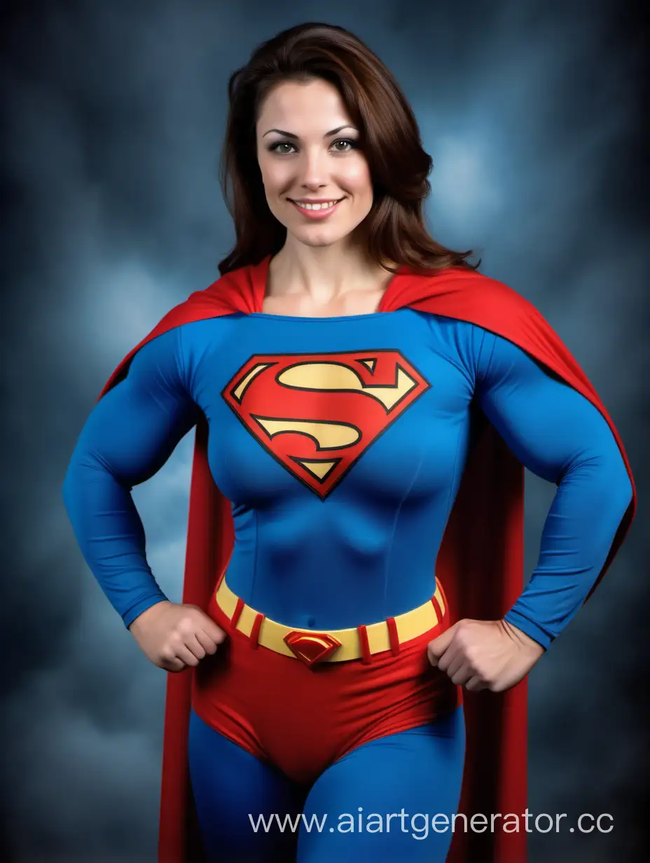 A beautiful woman with brown hair. Age 30. She is happy and muscular. She has the physique of a bulky body builder. She is wearing a classic Superman costume identical to the one worn in "Superman The Movie". Her costume is made of very soft cotton fabric. She is posed like a superhero. Strong and powerful.