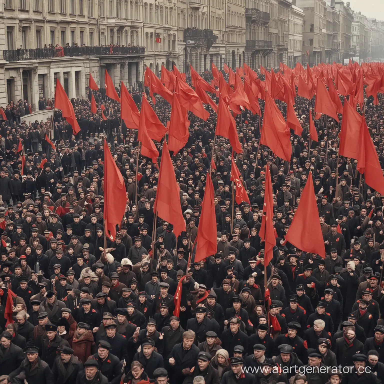 1. Группа людей с красными флагами и лозунгами маршируют по улицам Петрограда под звуки революционных песен.