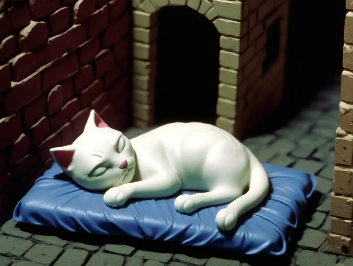 1999, claymation,  white cat, sleeping, in a city alley, on a mattress 