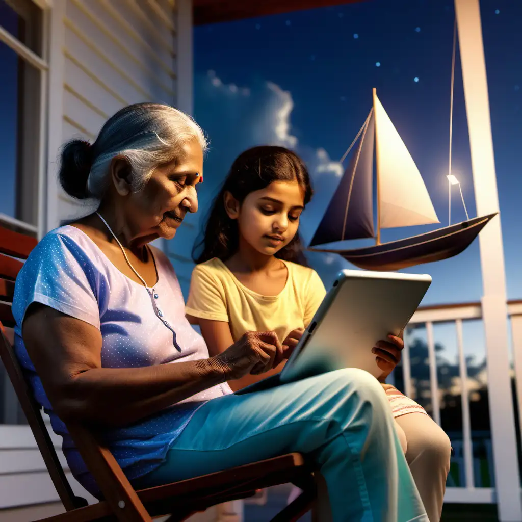 indian grandmother and granddaughter, sitting on back porch, evening, typing into a tablet, generating a 3D sailboat in the sky
