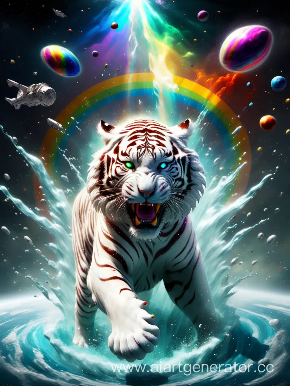 белый тигр в космосе, внутри всплесков воды. тигр изрыгает радугу