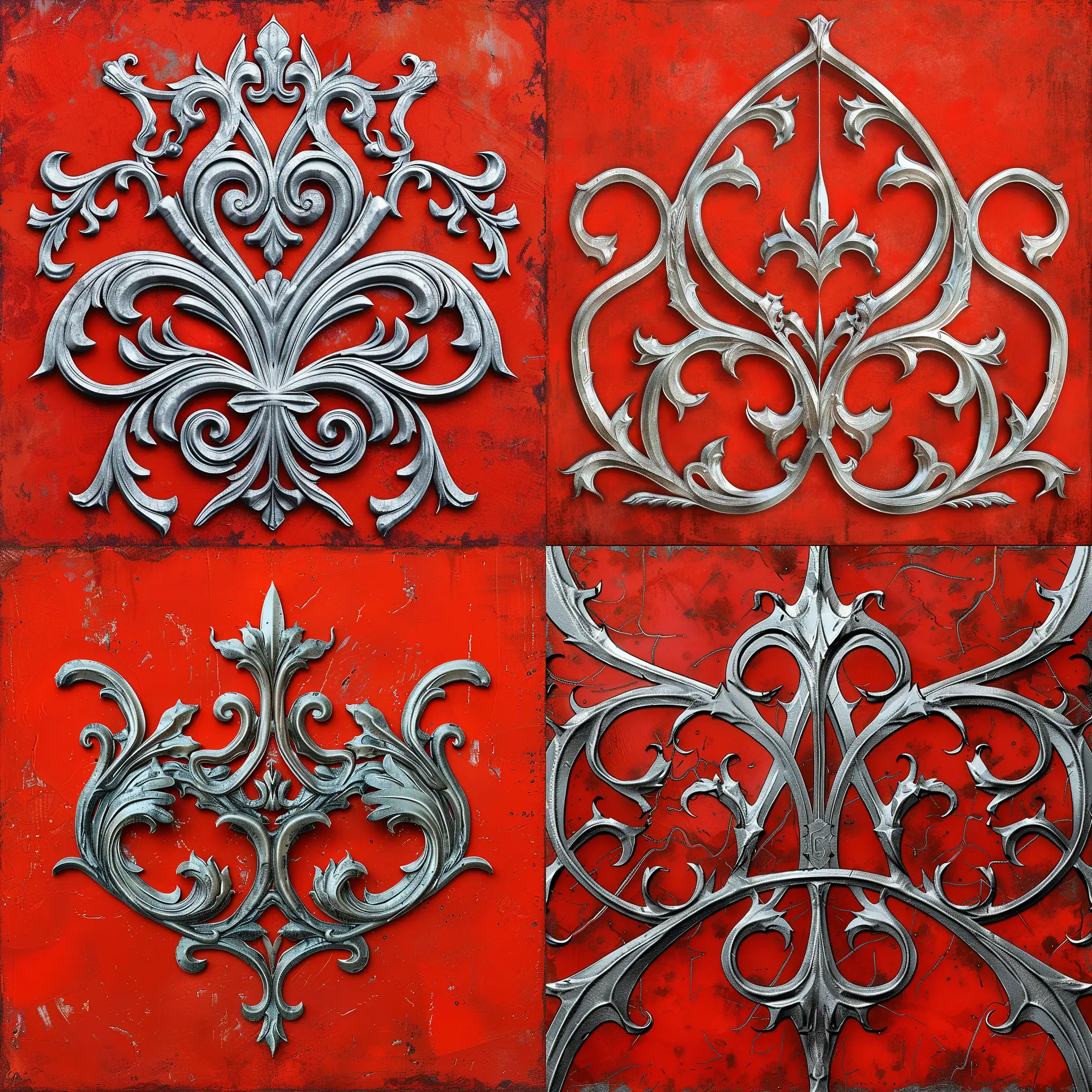 silver gothic filigree on bright red background, digital painting