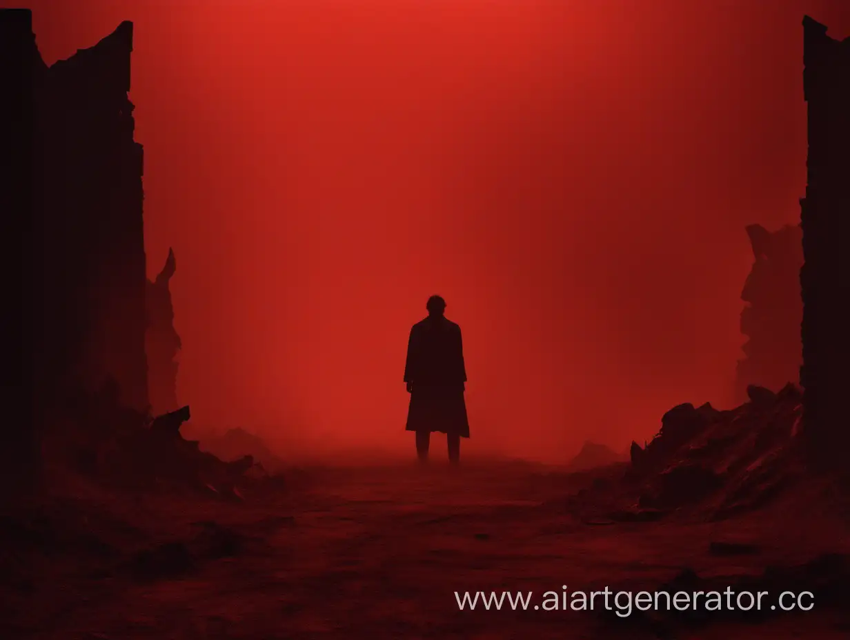 Вдалеке в аду в профиль стоит сгорбленный силуэт человека, который перекрывает красный туман