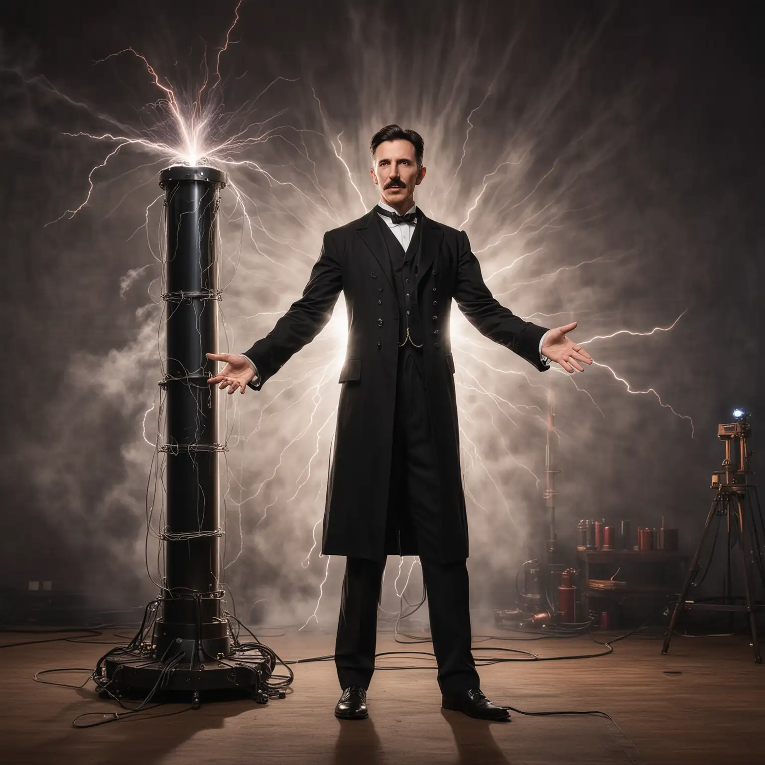 Nikola Tesla stood in front of a single, huge Tesla Coil. He is wearing his dapper steampunk black suit and has crossed arms